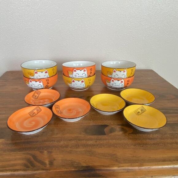Japanese Maneki Neko Lucky Cat - 6 Rice/Noodle Bowls+ 6 Soy Sauce Dish